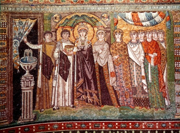 Ravenna-Theodora, detail of a Byzantine mosaic in Basilica of San Vitale, Ravenna in