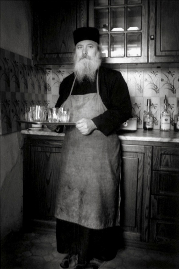Monk serving water, Aghia Anna, Athos 1986