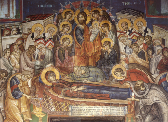 Adormirea Maicii Domnului. Pictură murală din biserica mare a Sfintei Mănăstiri Vatoped (1312)