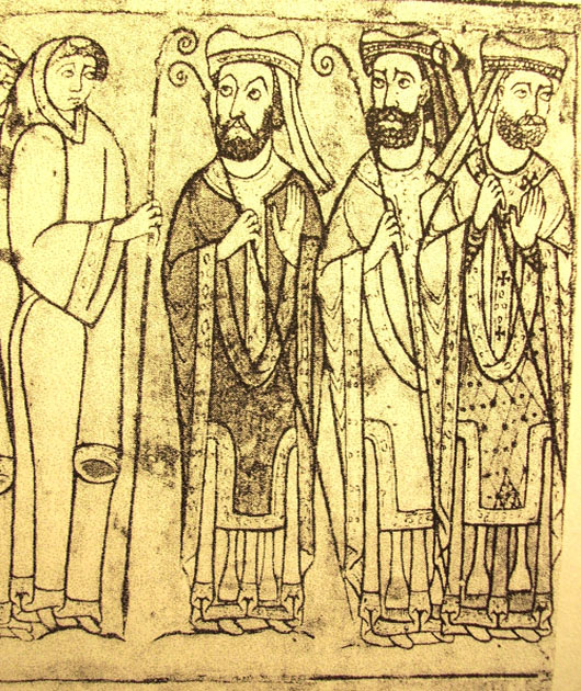 Reprezentare a trei episcopi, datată din 1140-1160. stolé este purtată pe exterior, după cum se vede din marginile care se remarcă în partea de jos (Mayo, 1984: 35).