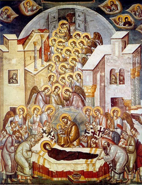 Adormirea Maicii Domnului. Frescă de Mihail Astrapas și Eutihie din biserica Sf. Clement din Ohrid.