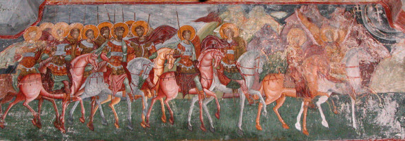 Frescă din biserica Pătrăuţi, ctitoria Sfântului Ştefan cel Mare, reprezentând sfinţii militari