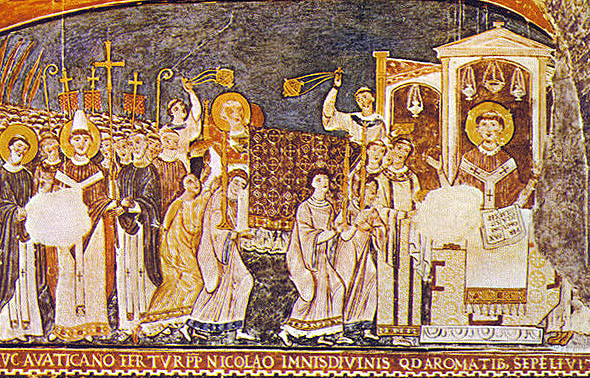 Aducerea moaştelor Sfantului Clement Romanul de către sfinţii Chiril şi Metodiu (secolul XI, Basilica San Clemente din Roma)