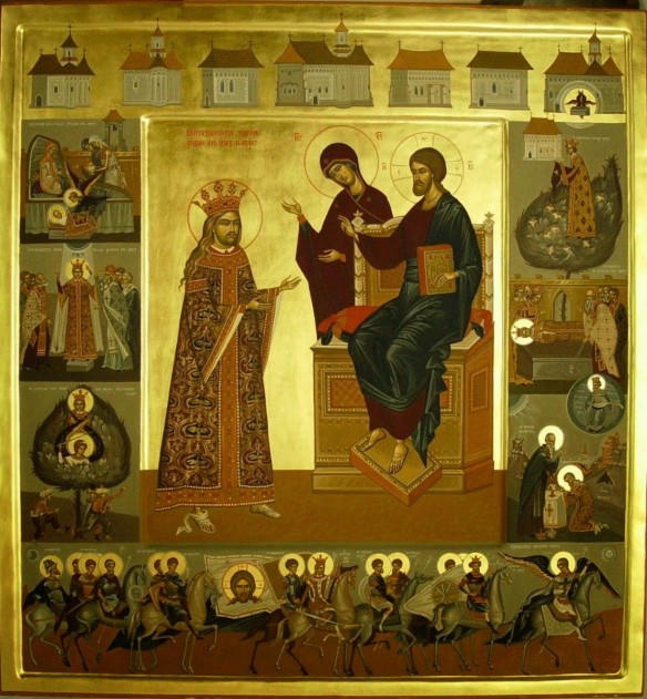 Icoană contemporană pictată de Elena Murariu, în care este zugravită viața lui Ștefan cel Mare și Sfânt