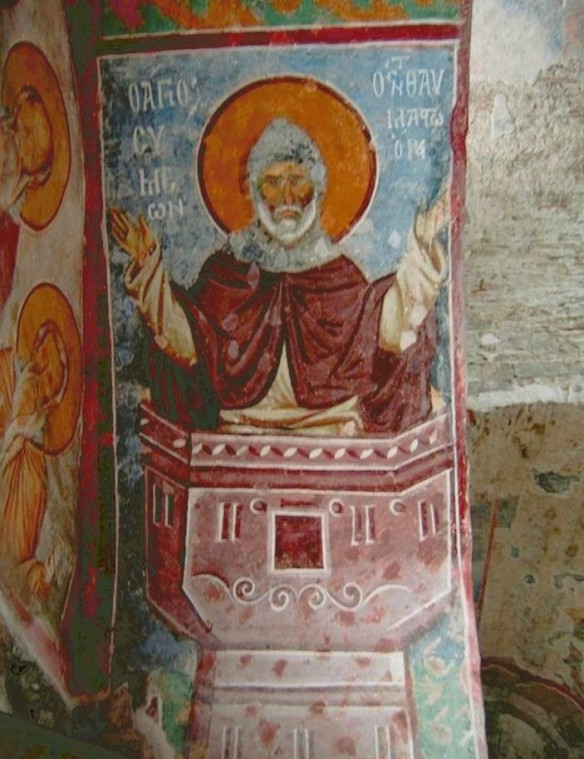 Cuviosul Simeon Făcătorul de minuni. Pictură din biserica Sfânta Sofia din Trapezunda (Pont).