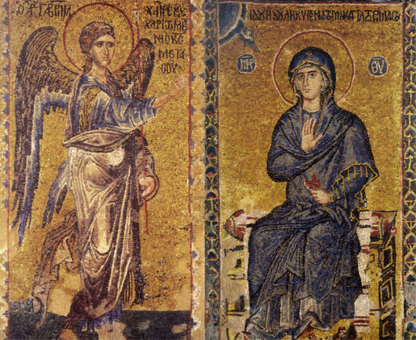 Mozaic din secolele XI-XII cu scena Bunei-vestiri din katholikonul Mănăstiriii Vatoped.