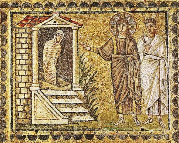 The raising of Lazarus"  Mosaic (6th) Sant Apollinare Nuovo, Ravenna, Italy