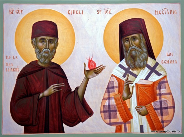 Sfinții Nectarie al Eghinei și Efrem de la Nea Makri - icoană pictată de Mihai Coma n