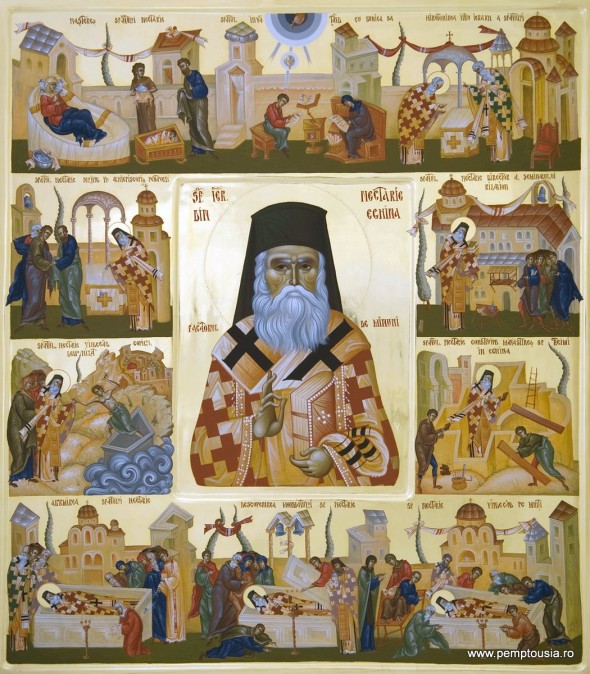  Sfântul Nectarie al Eghinei, cu scene din viață - Icoană pictată de Mihai Coman