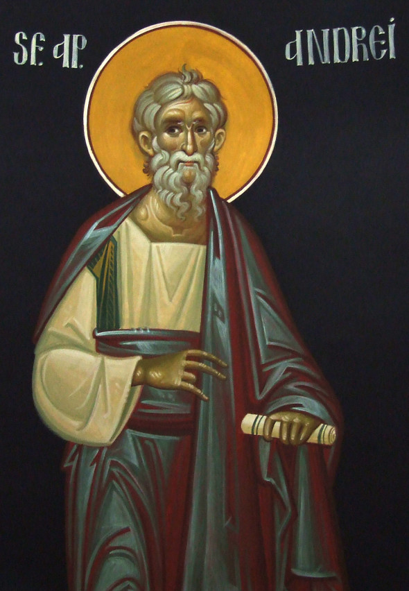 Sfântul Andrei într-o reprezentare iconografică contemporană (Ioan Popa, Mănăstirea Afteia, jud. Alba), dar care înfăţişează aceeaşi figură ascetică