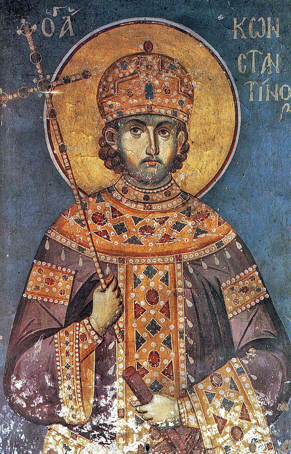 Constantin cel Mare, frescă din biserica Protaton, Athos, secolul XIV, de Manuil Panselinos