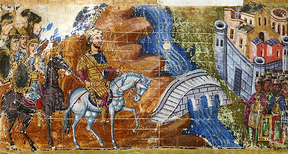 Împaratul Iulian trecând Eufratul, manuscrisul Omiliilor Sf. Grigorie de Nazianz, secolul IX, BNF
